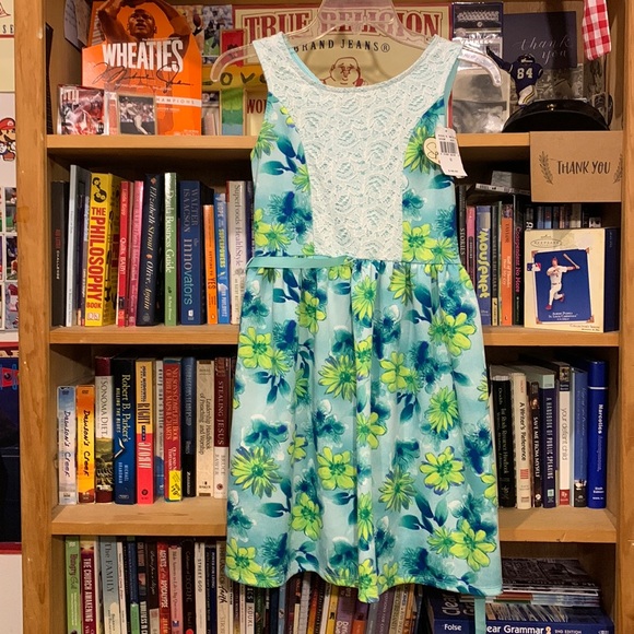 SPEECHLESS-girls auqa floral sleeveless back-zippered mid length dress w/belt - Picture 1 of 10